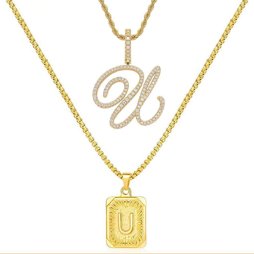 Set of 2 (2 initials necklace include gift), 26 letters necklace, floral alphabet necklace, 20'' Letter Pendant + 24'' Rectangular Tag, buy 1 letter necklace get 1 floral initial necklace free.