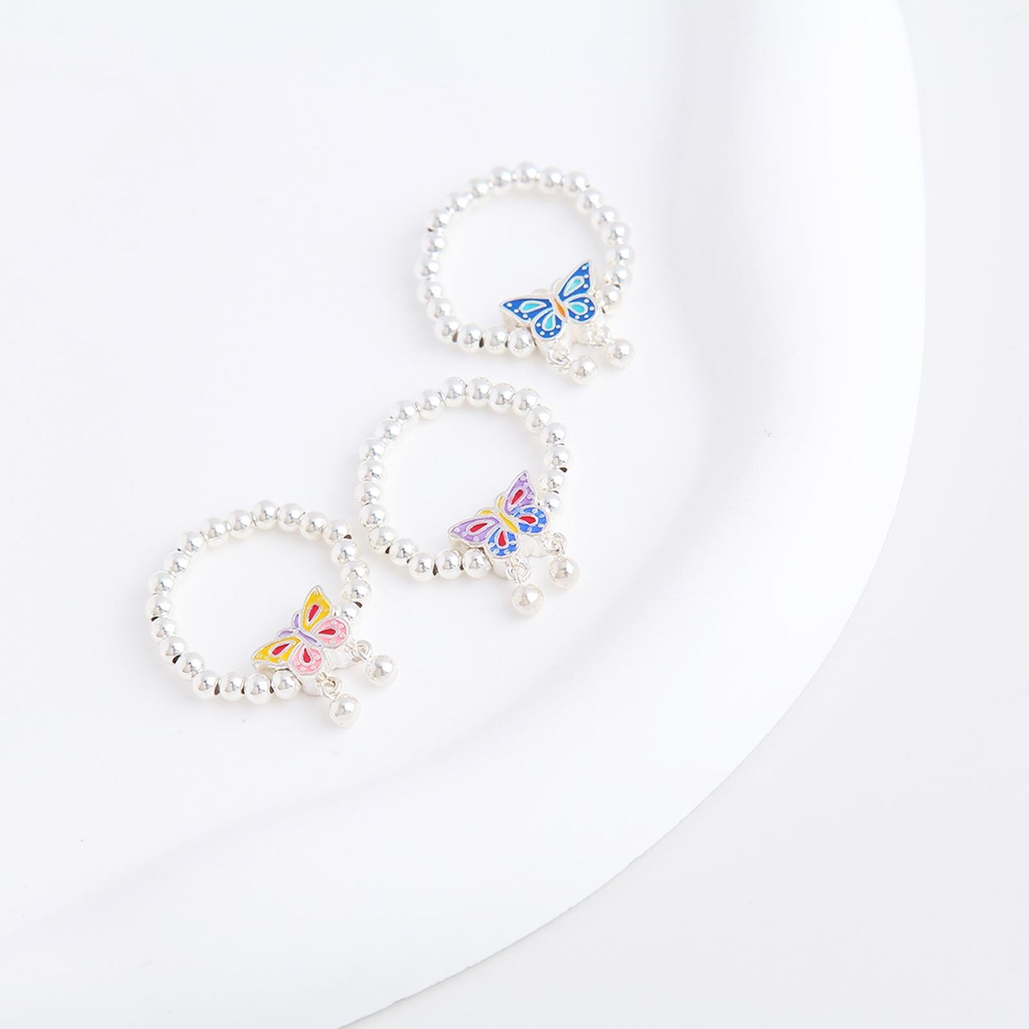 S925 Colorful Butterfly Charm Beaded Ring - Sterling Silver, Exquisite Butterfly Design with Wings Suspend Beads, Vibrant Color Block Style, Perfect Gift for Women and Girls