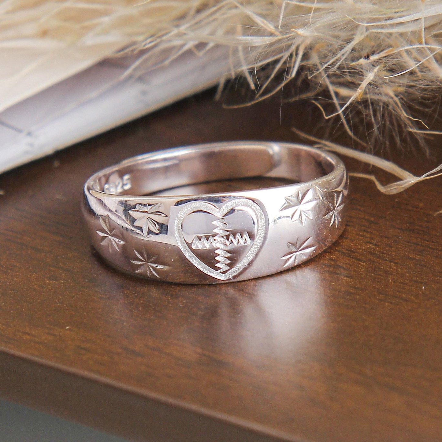 S925 Sterling Silver Wide Band Ring - Intricately Engraved Heart and Star Patterns, Unique Bold Design, Elegant Statement Ring for Women and Girls