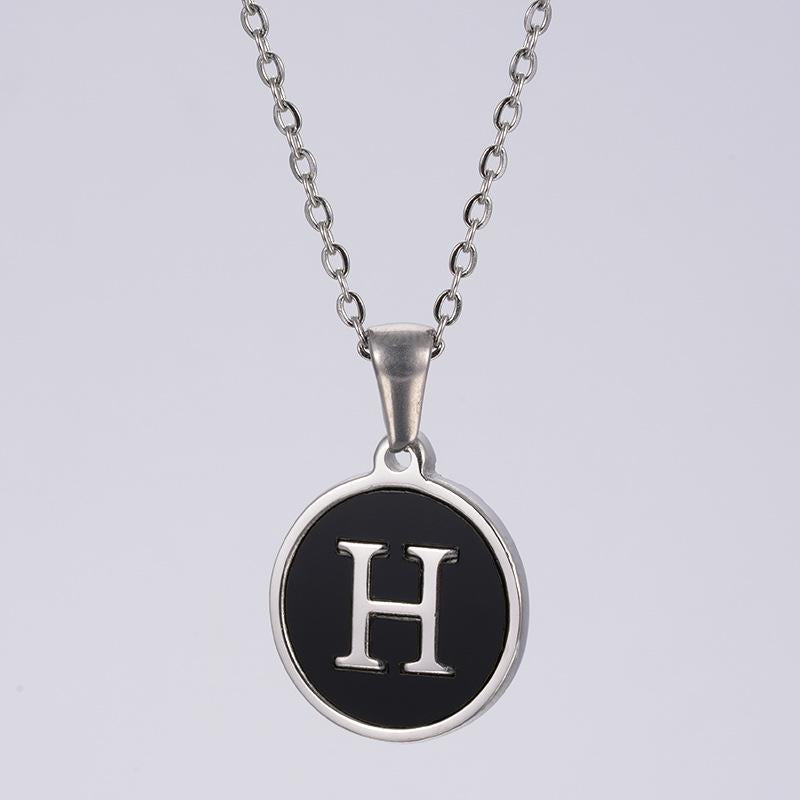 LN010:Stainless Steel Initial Necklace,Letter Detail Round Pendant Necklace For Women and Men