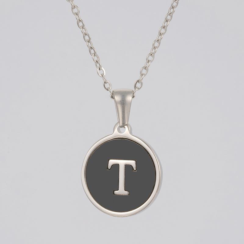 LN010:Stainless Steel Initial Necklace,Letter Detail Round Pendant Necklace For Women and Men