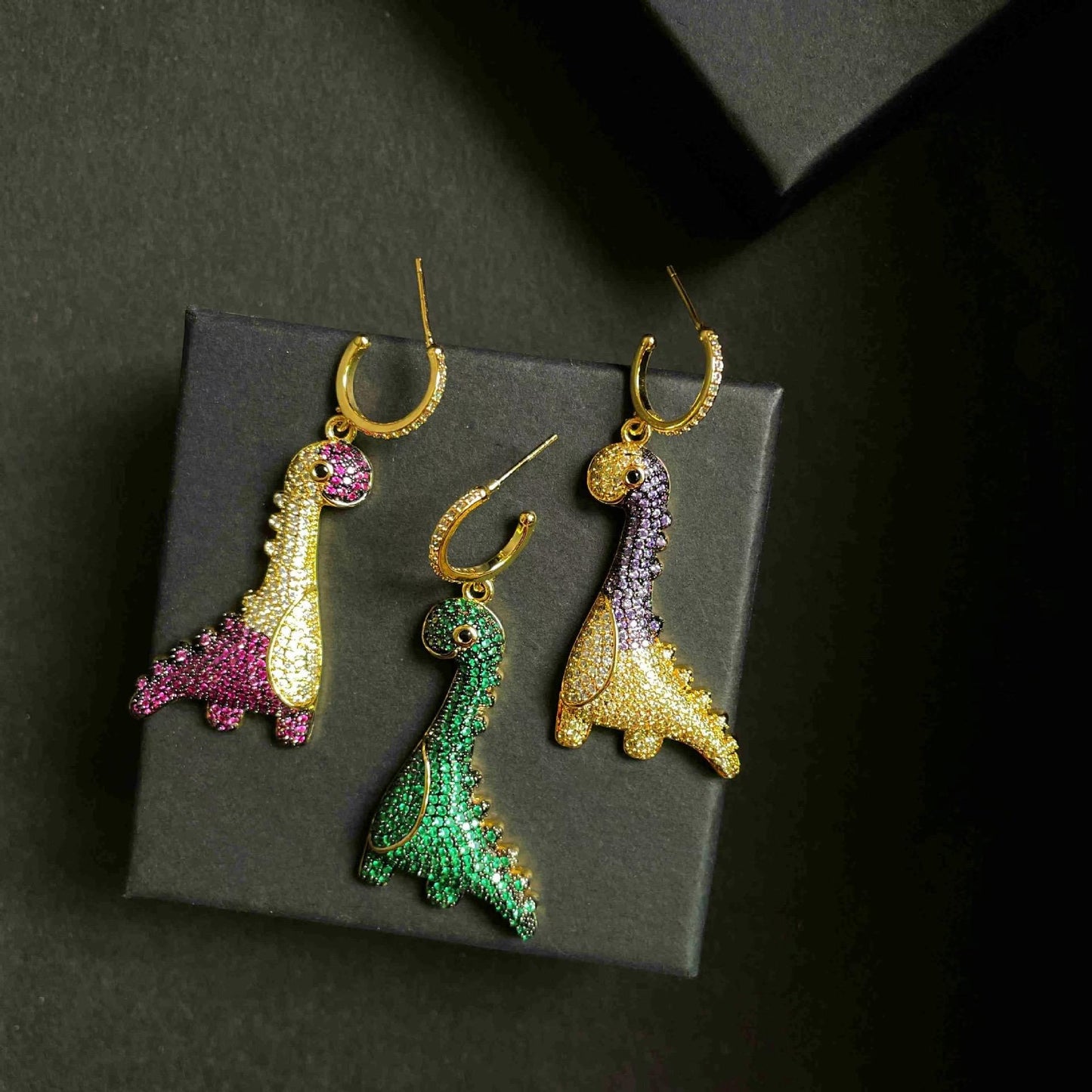 Lovely Dinosaur Dangle Hoop Earring with Zircon, Cute Animal Dangling Charm Drop Huggie Hoops Studs Earring Dainty Jewelry Gifts for Women Girls