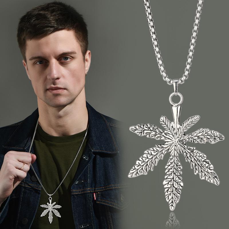 HN011:Hip-Hop Style Necklace, Pure Stainless Steel Hemp Leaf Pendant with 24 inch Chaine Necklace for Women and Men