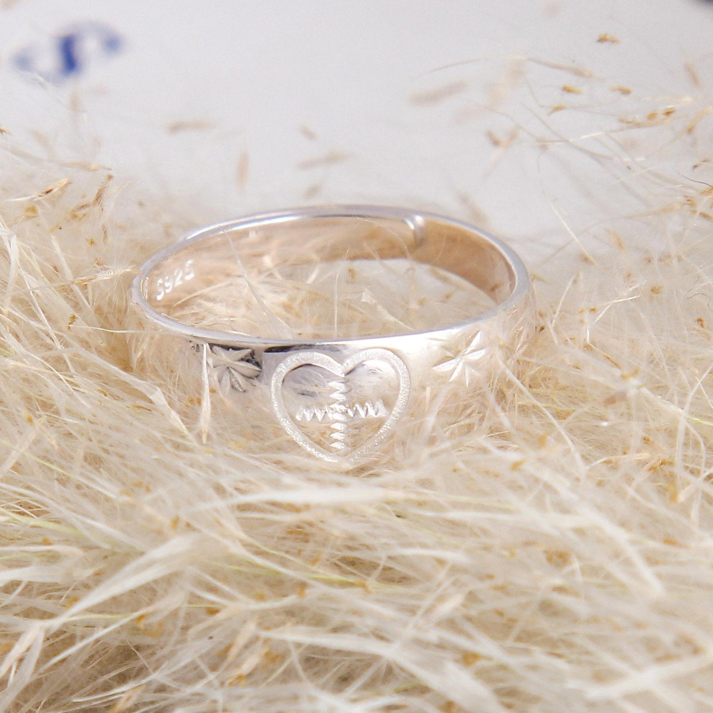 S925 Sterling Silver Wide Band Ring - Intricately Engraved Heart and Star Patterns, Unique Bold Design, Elegant Statement Ring for Women and Girls