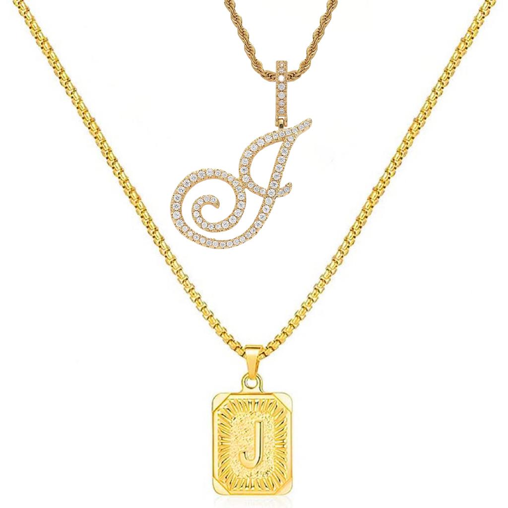 Set of 2 (2 initials necklace include gift), 26 letters necklace, floral alphabet necklace, 20'' Letter Pendant + 24'' Rectangular Tag, buy 1 letter necklace get 1 floral initial necklace free.