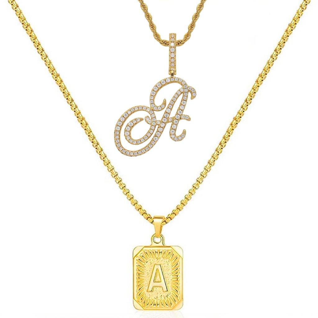 Set of 2 (2 initials necklace include gift), 26 letters necklace, floral alphabet necklace, 20'' Letter Pendant + 24'' Rectangular Tag, buy 1 letter necklace get 1 floral initial necklace free.