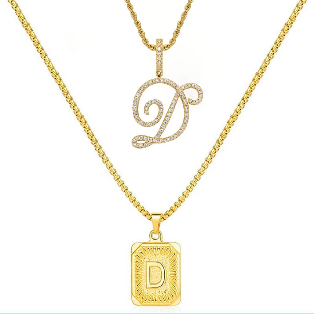 Set of 2 (2 initials necklace include gift), 26 letters necklace, floral alphabet necklace, 20'' Letter Pendant + 24'' Rectangular Tag, buy 1 letter necklace get 1 floral initial necklace free.