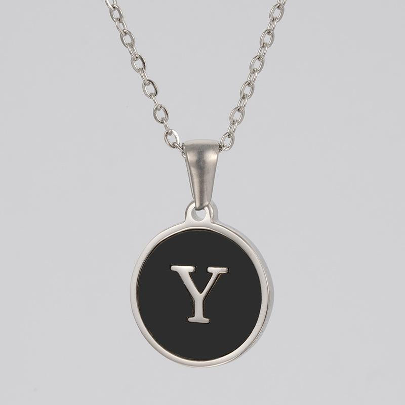 LN010:Stainless Steel Initial Necklace,Letter Detail Round Pendant Necklace For Women and Men
