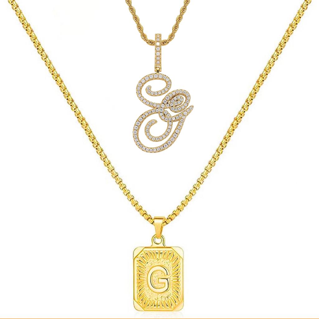 Set of 2 (2 initials necklace include gift), 26 letters necklace, floral alphabet necklace, 20'' Letter Pendant + 24'' Rectangular Tag, buy 1 letter necklace get 1 floral initial necklace free.