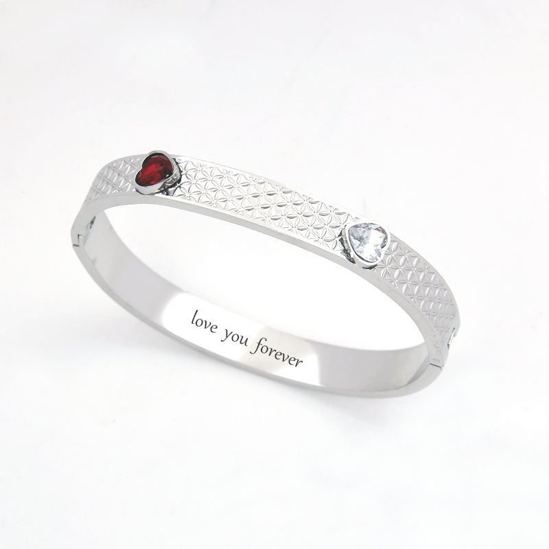 B33:Titanium Stainless Steel Double Heart Bangle Bracelet for Women, Girls, Friends, Waterproof,colour Not Fade
