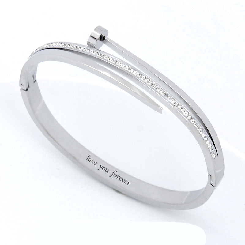 B82:Titanium Stainless Steel Classic Nail and Zircon Bangle Bracelet, colour Not Fade,Waterproof,Top Opening