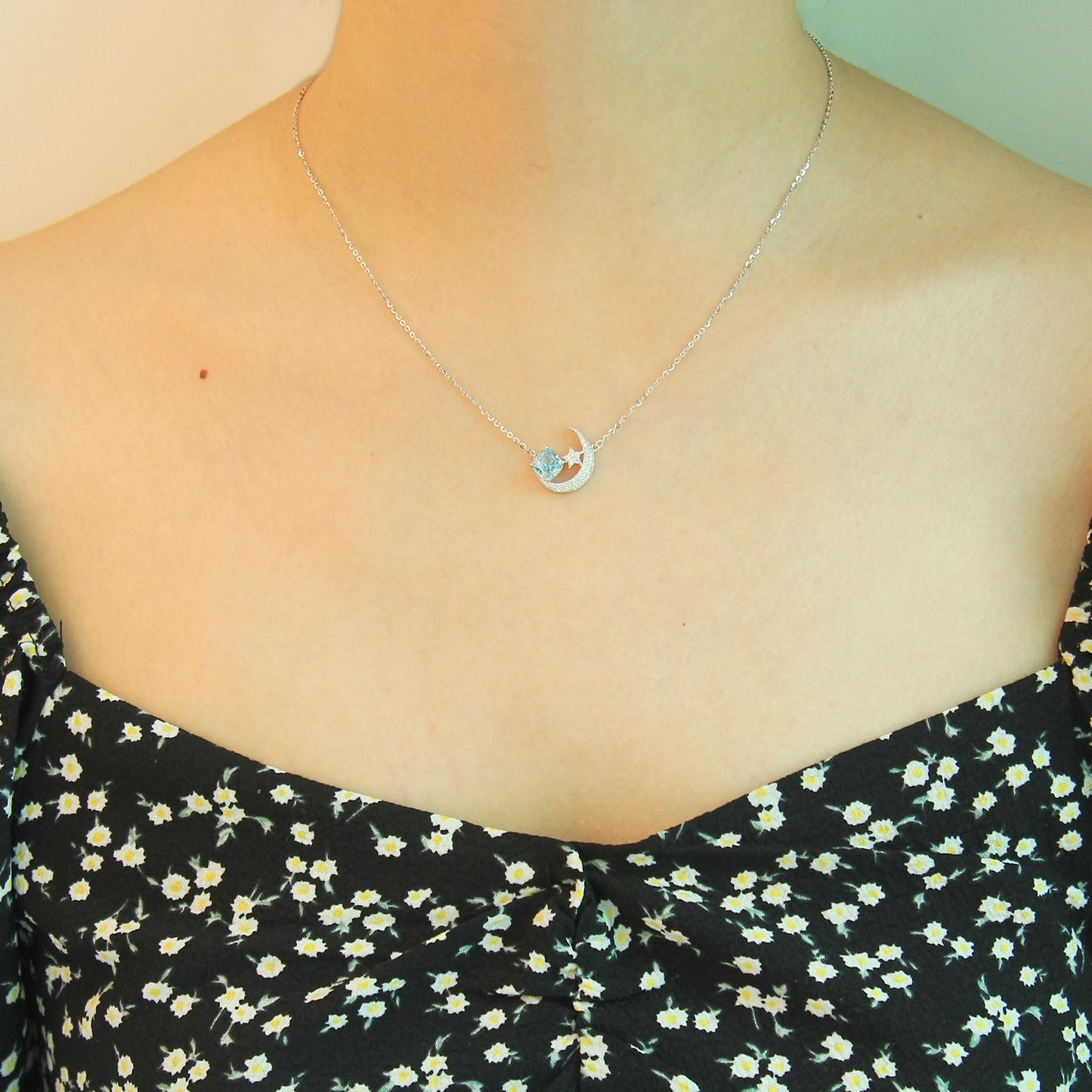 S925 Crescent Moon and Star with Sky Blue Zircon Pendant necklace for women-Sterling Silver, Sparkling Frosted Finish Zirconia Necklaces,Dainty Gifts for Mom Daughter Girlfriend.