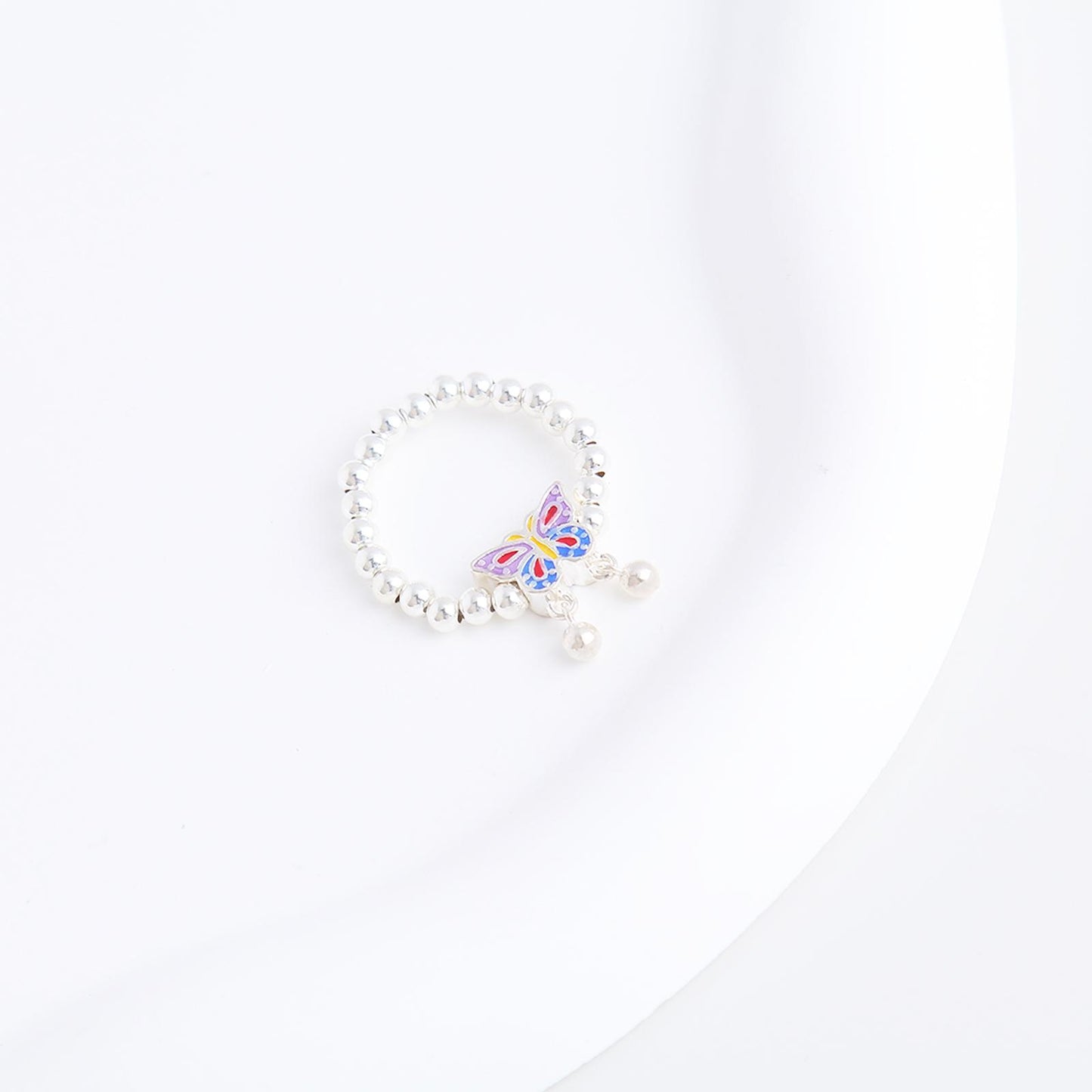 S925 Colorful Butterfly Charm Beaded Ring - Sterling Silver, Exquisite Butterfly Design with Wings Suspend Beads, Vibrant Color Block Style, Perfect Gift for Women and Girls