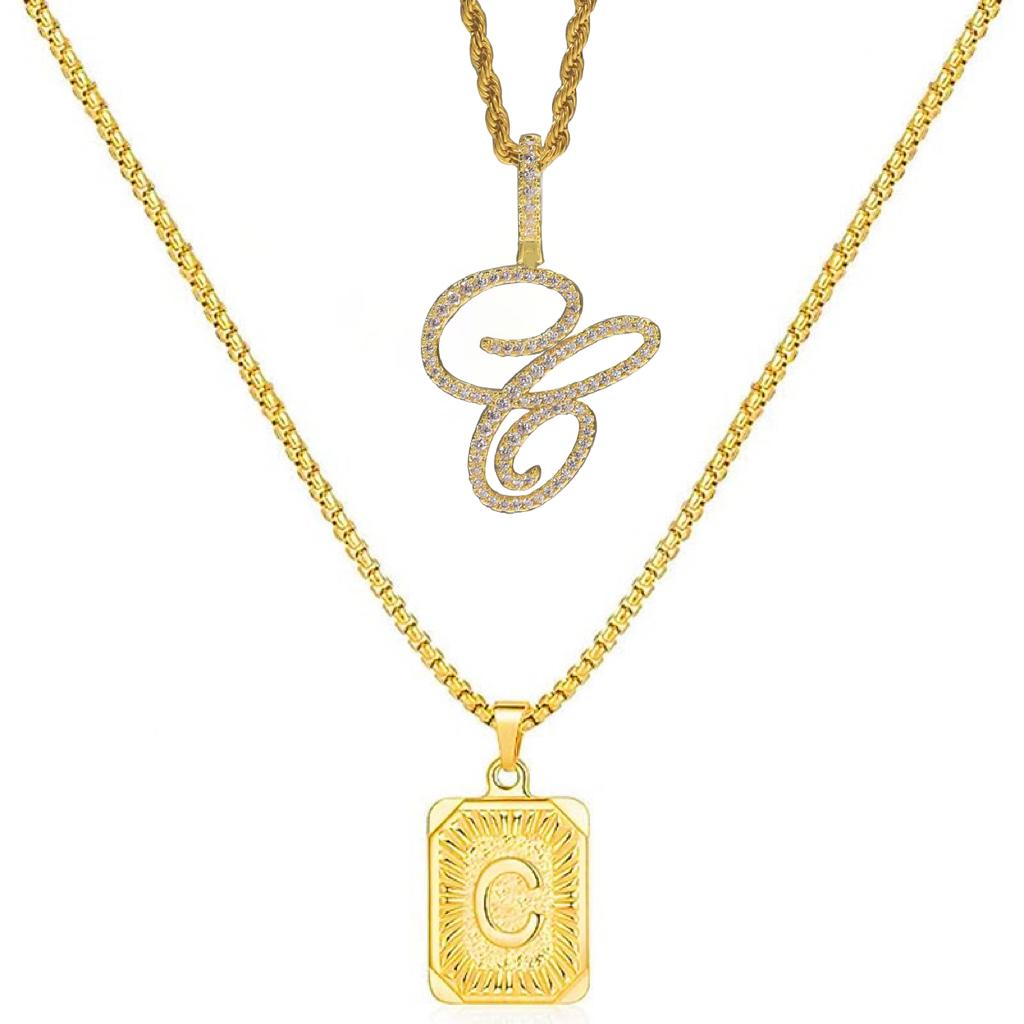 Set of 2 (2 initials necklace include gift), 26 letters necklace, floral alphabet necklace, 20'' Letter Pendant + 24'' Rectangular Tag, buy 1 letter necklace get 1 floral initial necklace free.