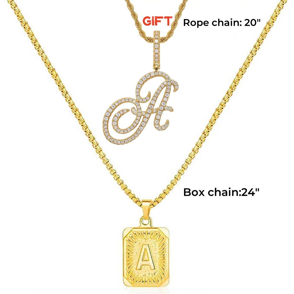 Set of 2 (2 initials necklace include gift), 26 letters necklace, floral alphabet necklace, 20'' Letter Pendant + 24'' Rectangular Tag, buy 1 letter necklace get 1 floral initial necklace free.
