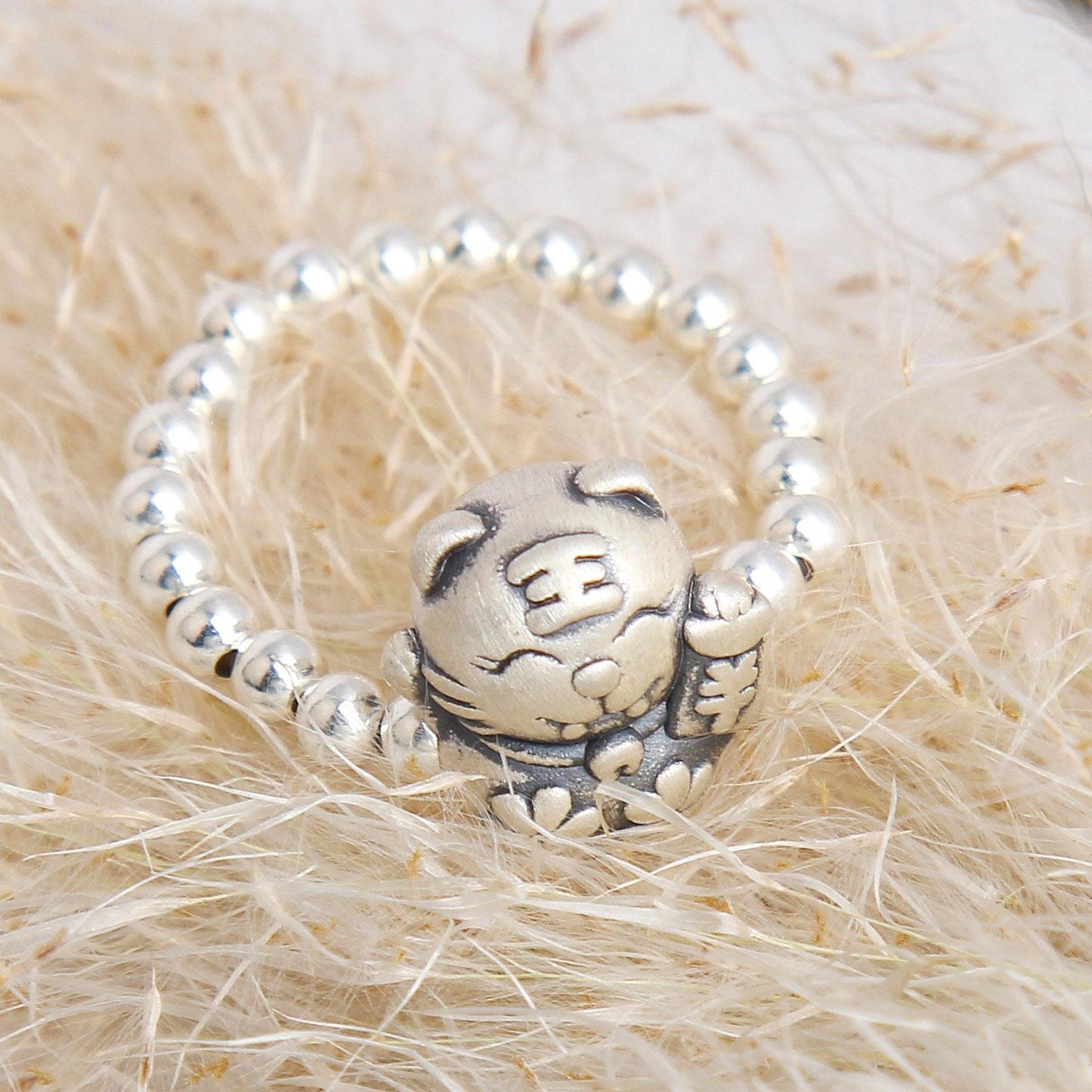 S925 Cute Smiling Tiger Beaded Ring - Sterling Silver, Playful Tiger Design with Beaded Band, Adorable Fashion Accessory for Any Occasion, Perfect Gift for Women, Girls, and Kids