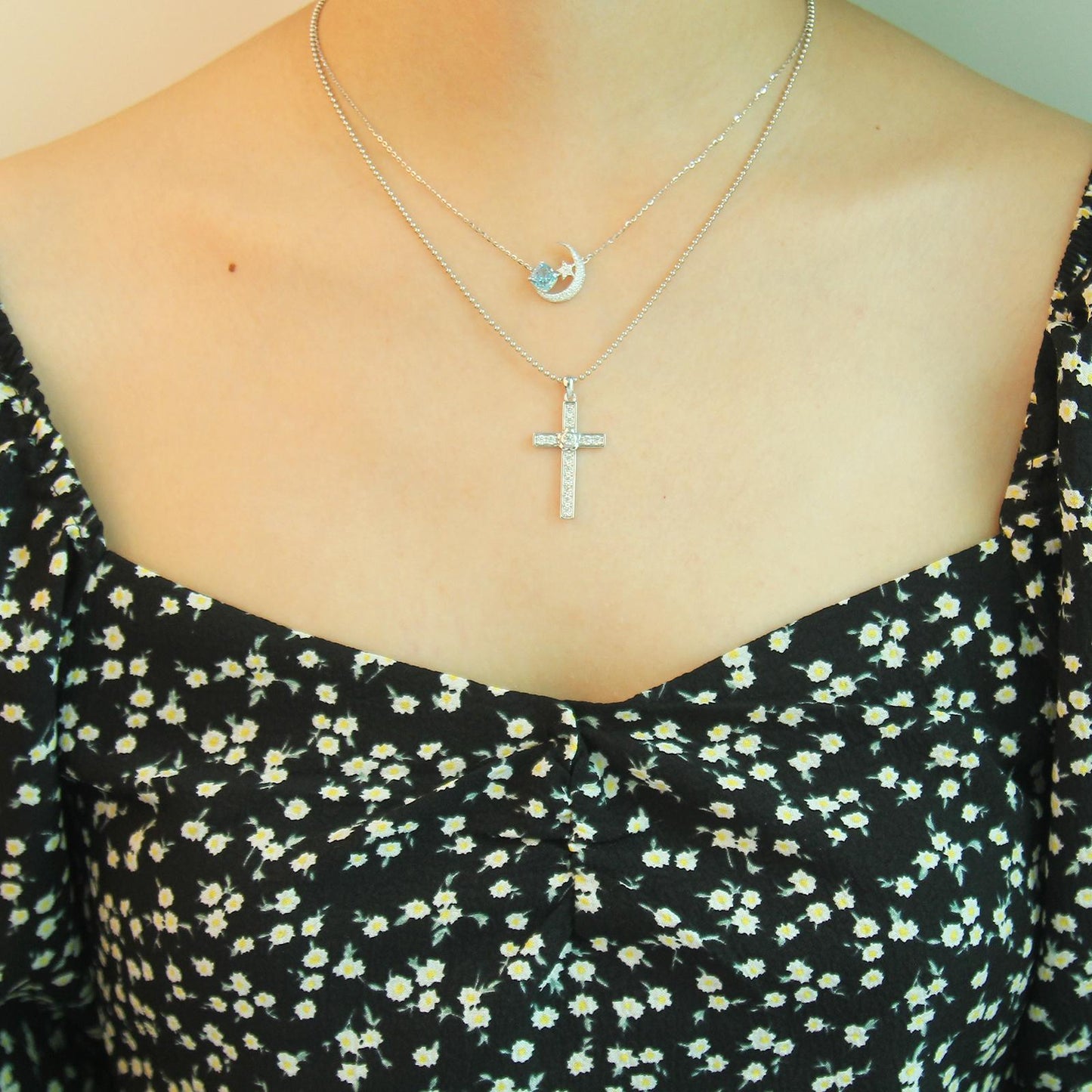 S925 Crescent Moon and Star with Sky Blue Zircon Pendant necklace for women-Sterling Silver, Sparkling Frosted Finish Zirconia Necklaces,Dainty Gifts for Mom Daughter Girlfriend.