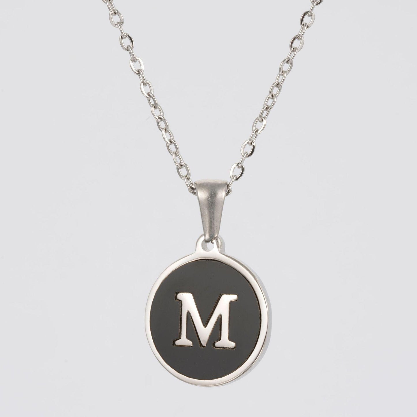 LN010:Stainless Steel Initial Necklace,Letter Detail Round Pendant Necklace For Women and Men