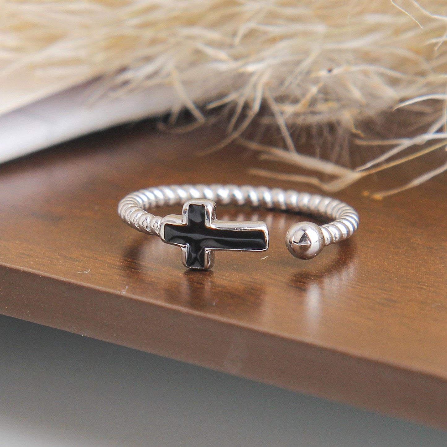 S925 Mini Bead Open Ring - Sterling Silver, Unique Mini Bead Design with Black Cross and Large Bead, Adjustable Stacking Ring, Stylish Faith-Inspired Jewelry for Women