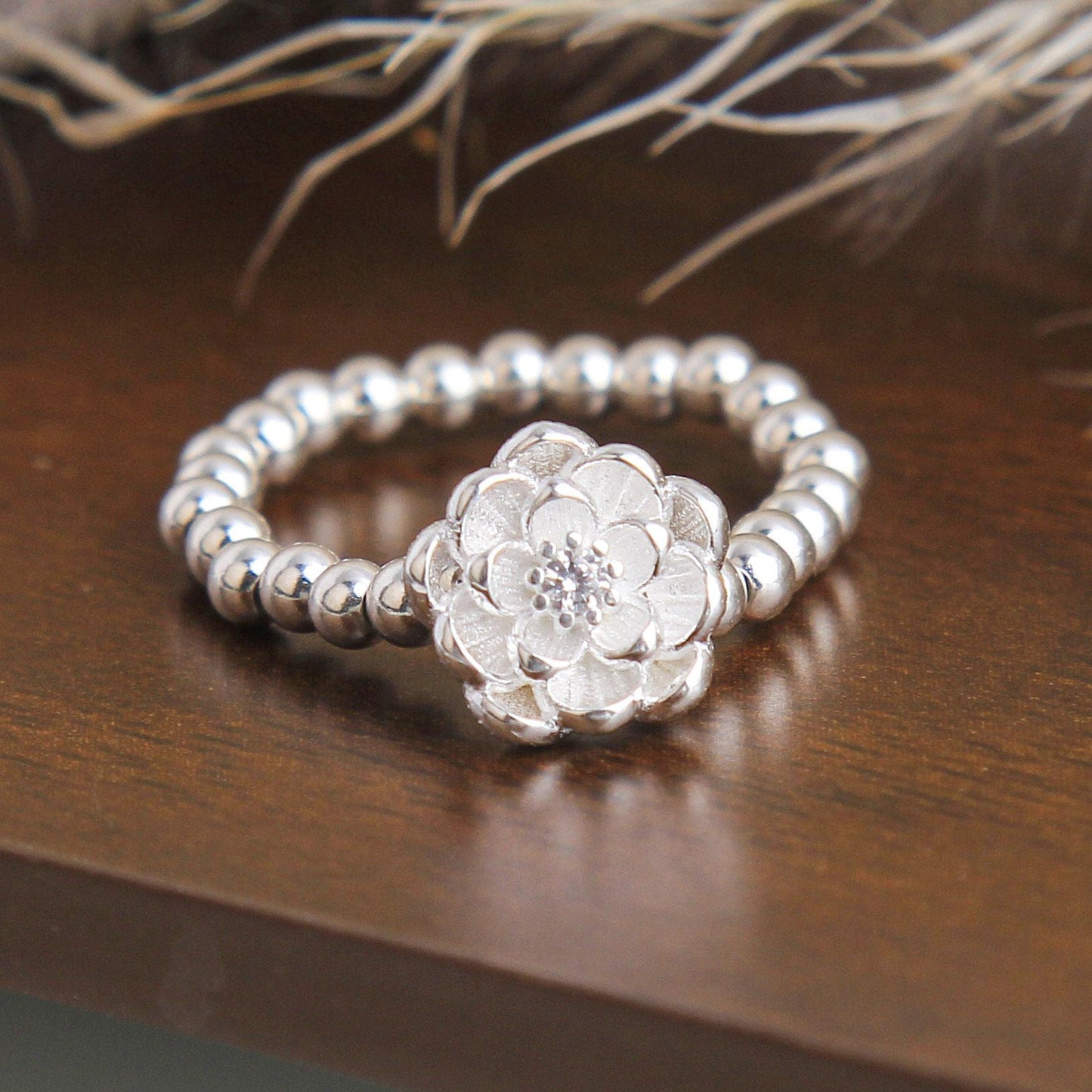 S925 Elegant White Lotus Charm Beaded Ring - Sterling Silver, Delicate Lotus Design, Pure and Graceful Fashion Accessory, Adjustable Ring for Women, Perfect Gift for Birthdays and Anniversaries