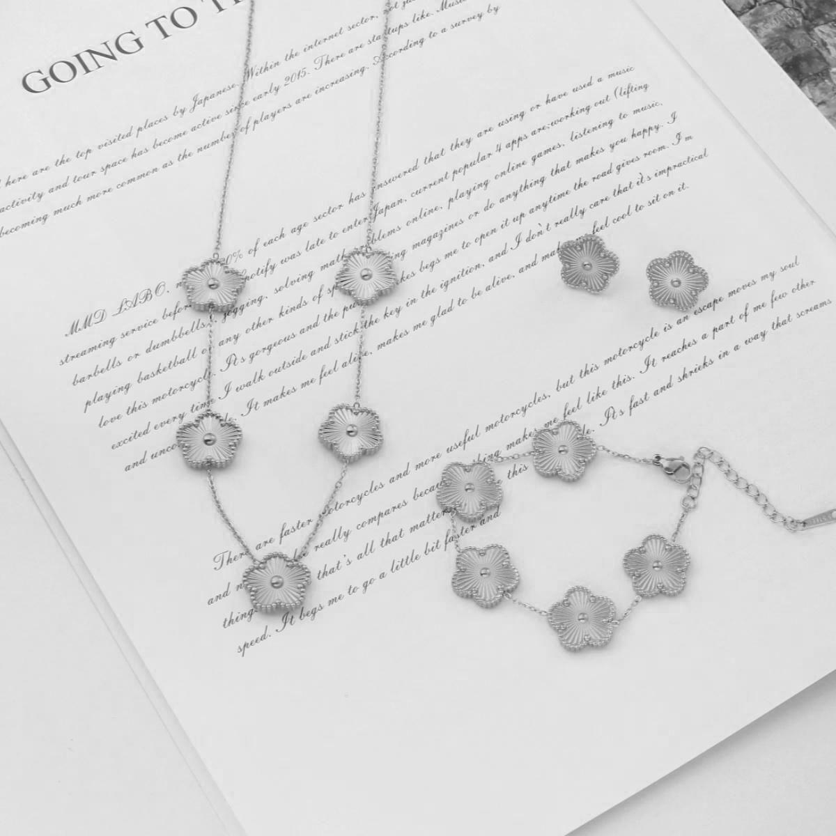 Floral Stainless Steel Jewelry Set – , Includes Stud Earrings, Bracelet, and Necklace – Non-Tarnish, Perfect Gift for Women
