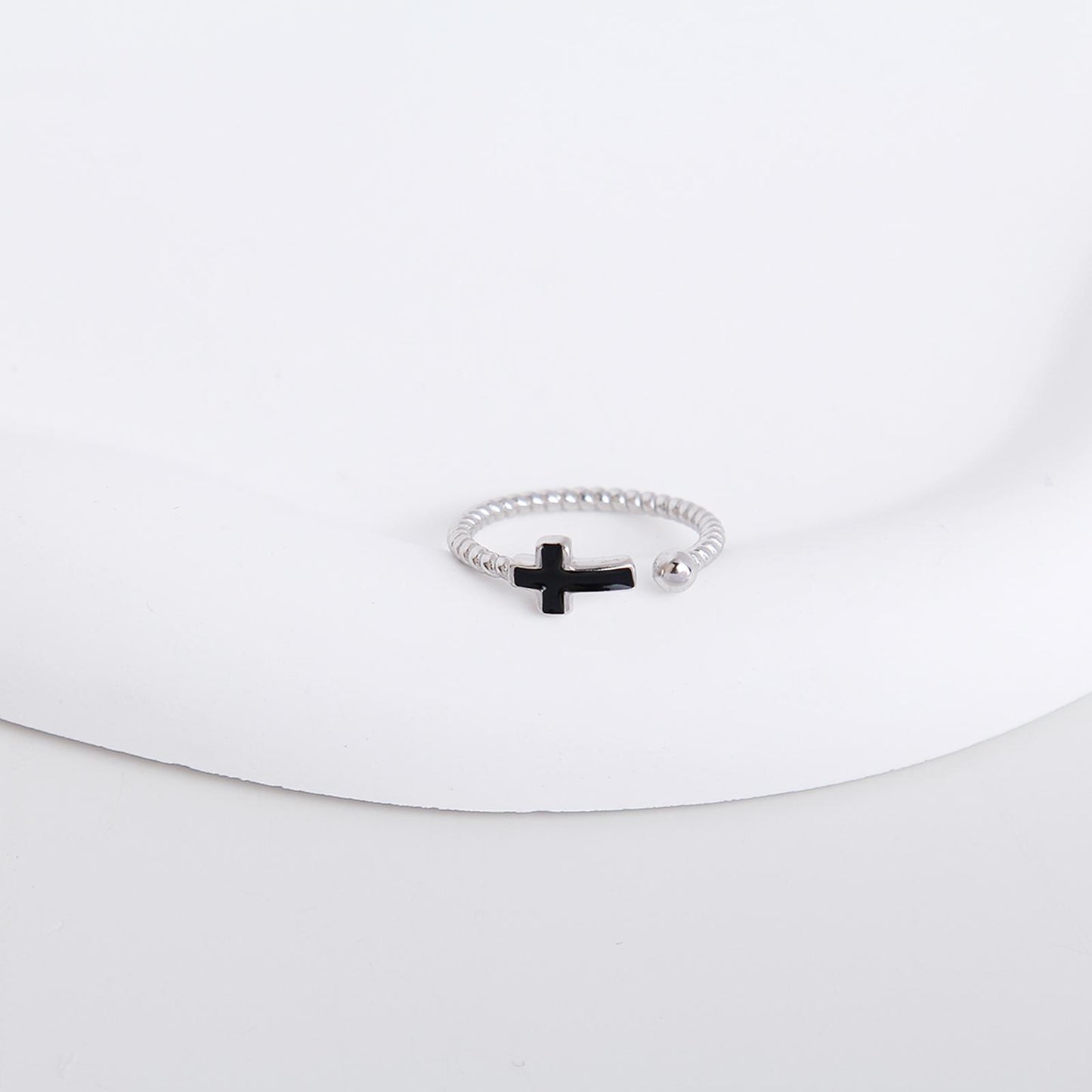 S925 Mini Bead Open Ring - Sterling Silver, Unique Mini Bead Design with Black Cross and Large Bead, Adjustable Stacking Ring, Stylish Faith-Inspired Jewelry for Women