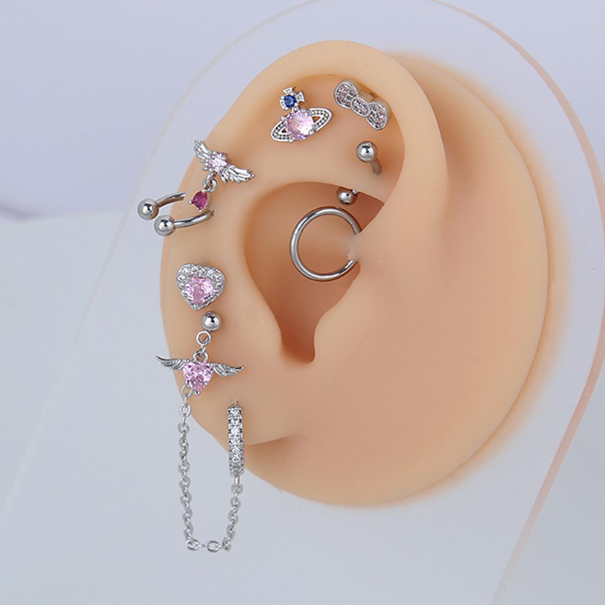 8 Counts Set/ Multi-Piercing studs Set, Sweet Edgy Design Cartilage Helix with Pink Zircon and Chain Link - Stainless Steel, Barbell, labrets,flatback,Dainty Zirconia Ear Studs and Daith Hoops for Women and Girls