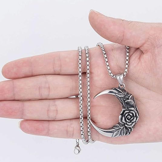 HN077:Hip-Hop Style Necklace,Moon Crescent Shape Rose Flower Pendent Necklace For Women And Men