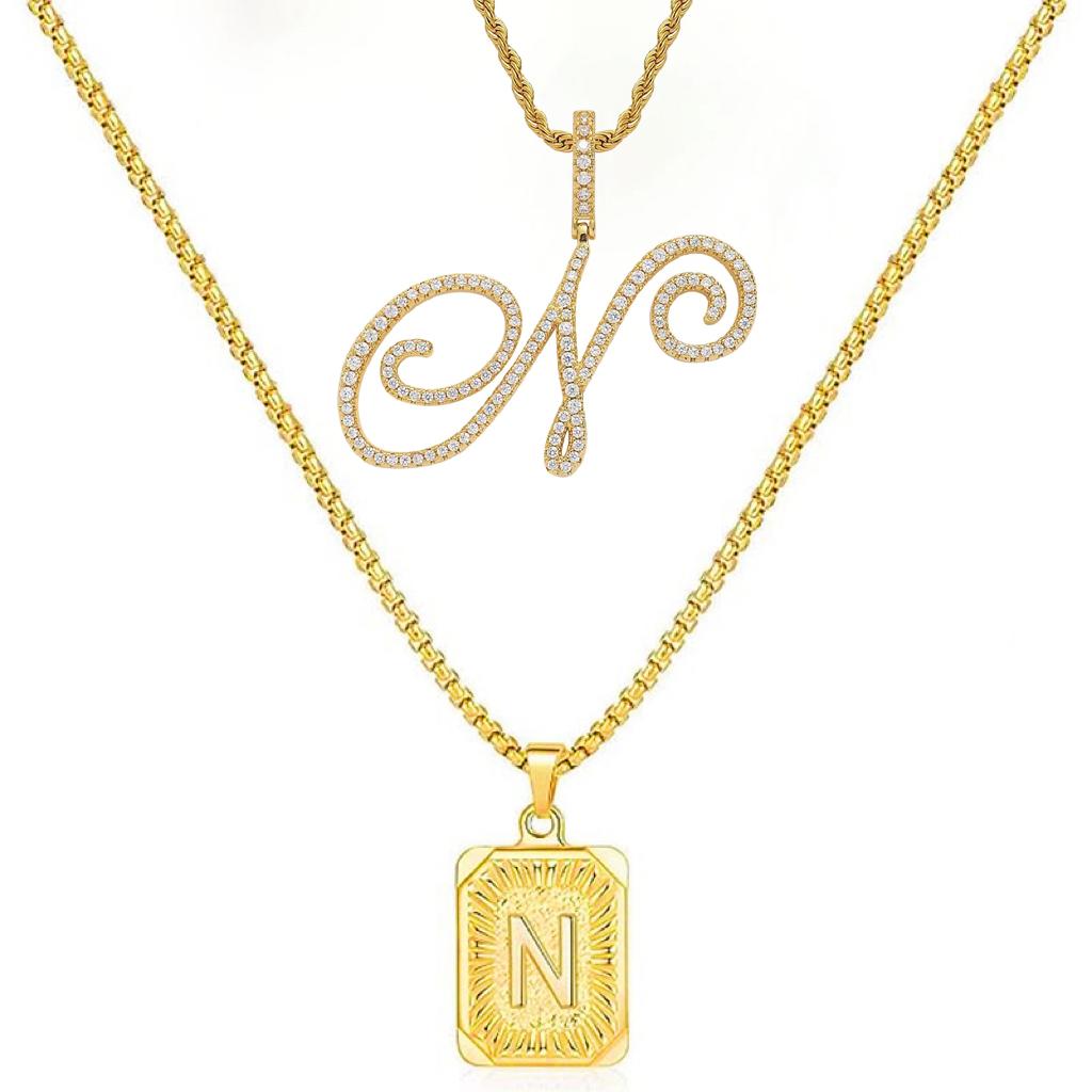 Set of 2 (2 initials necklace include gift), 26 letters necklace, floral alphabet necklace, 20'' Letter Pendant + 24'' Rectangular Tag, buy 1 letter necklace get 1 floral initial necklace free.
