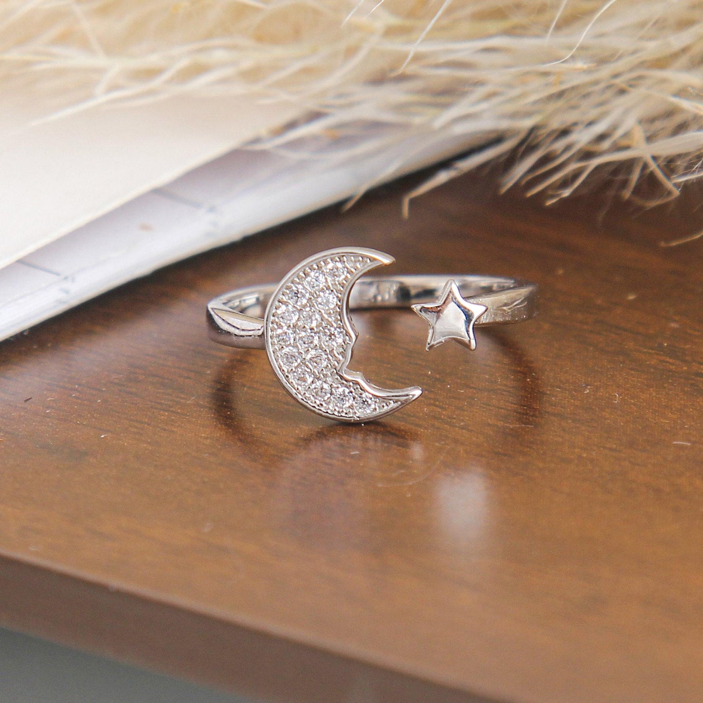 S925 Star and Moon Open Ring - Sterling Silver, Delicate Design with Star and Moon Accents, Adjustable Celestial Jewelry, Elegant Fashion Accessory for Women, Perfect Gift for Any Occasion