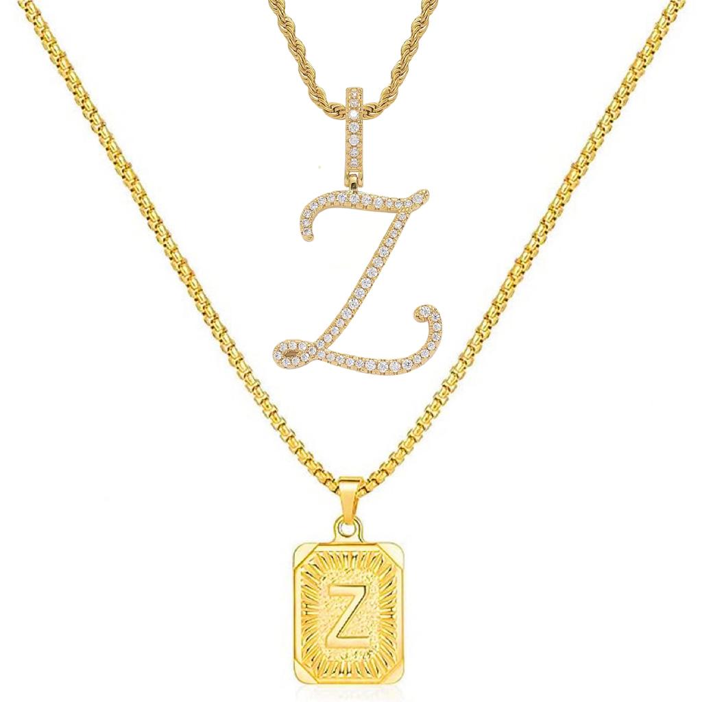 Set of 2 (2 initials necklace include gift), 26 letters necklace, floral alphabet necklace, 20'' Letter Pendant + 24'' Rectangular Tag, buy 1 letter necklace get 1 floral initial necklace free.