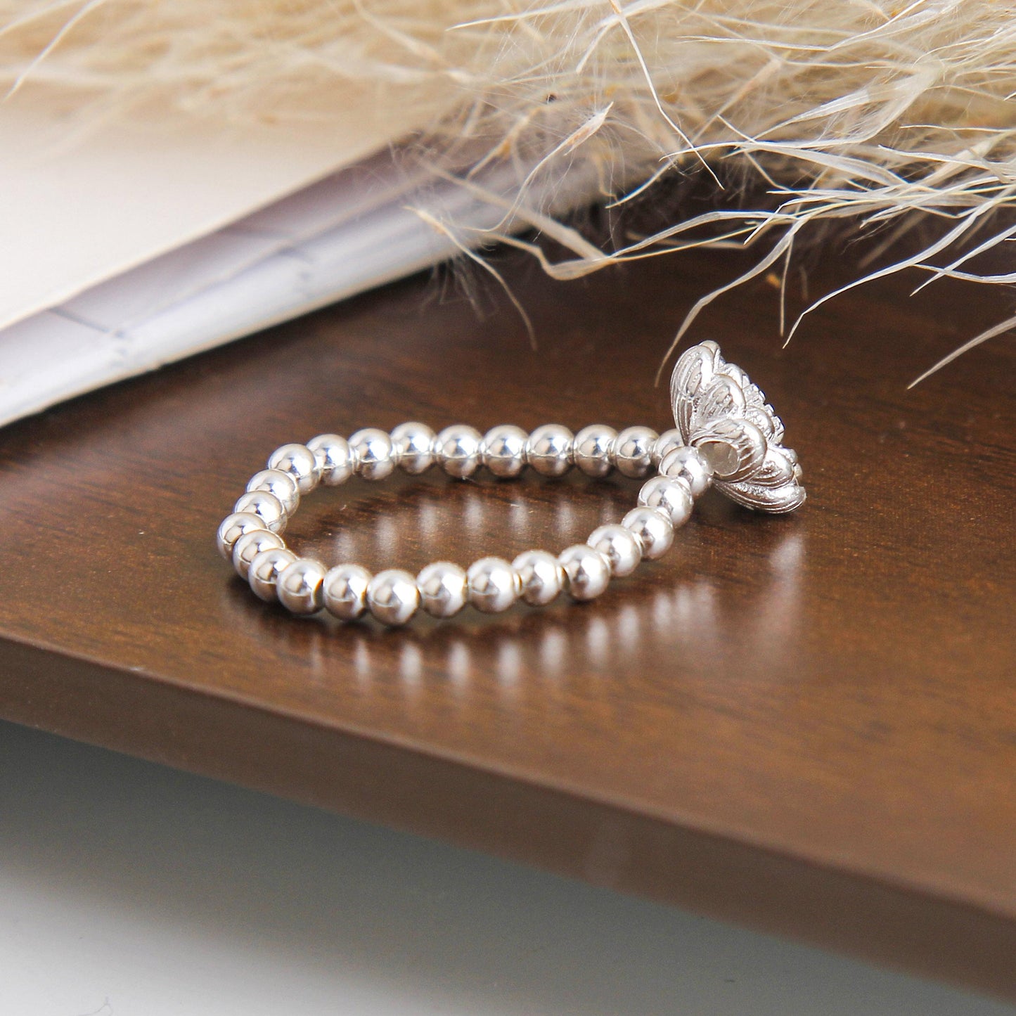 S925 Elegant White Lotus Charm Beaded Ring - Sterling Silver, Delicate Lotus Design, Pure and Graceful Fashion Accessory, Adjustable Ring for Women, Perfect Gift for Birthdays and Anniversaries
