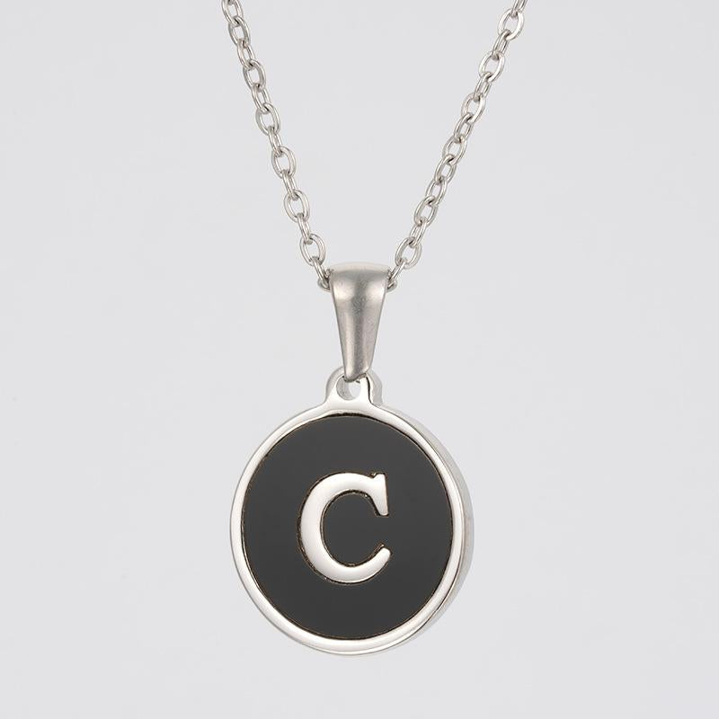 LN010:Stainless Steel Initial Necklace,Letter Detail Round Pendant Necklace For Women and Men