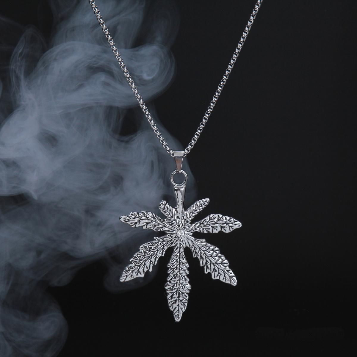 HN011:Hip-Hop Style Necklace, Pure Stainless Steel Hemp Leaf Pendant with 24 inch Chaine Necklace for Women and Men