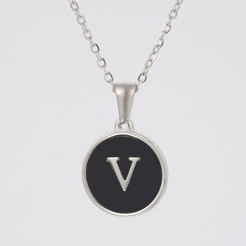LN010:Stainless Steel Initial Necklace,Letter Detail Round Pendant Necklace For Women and Men