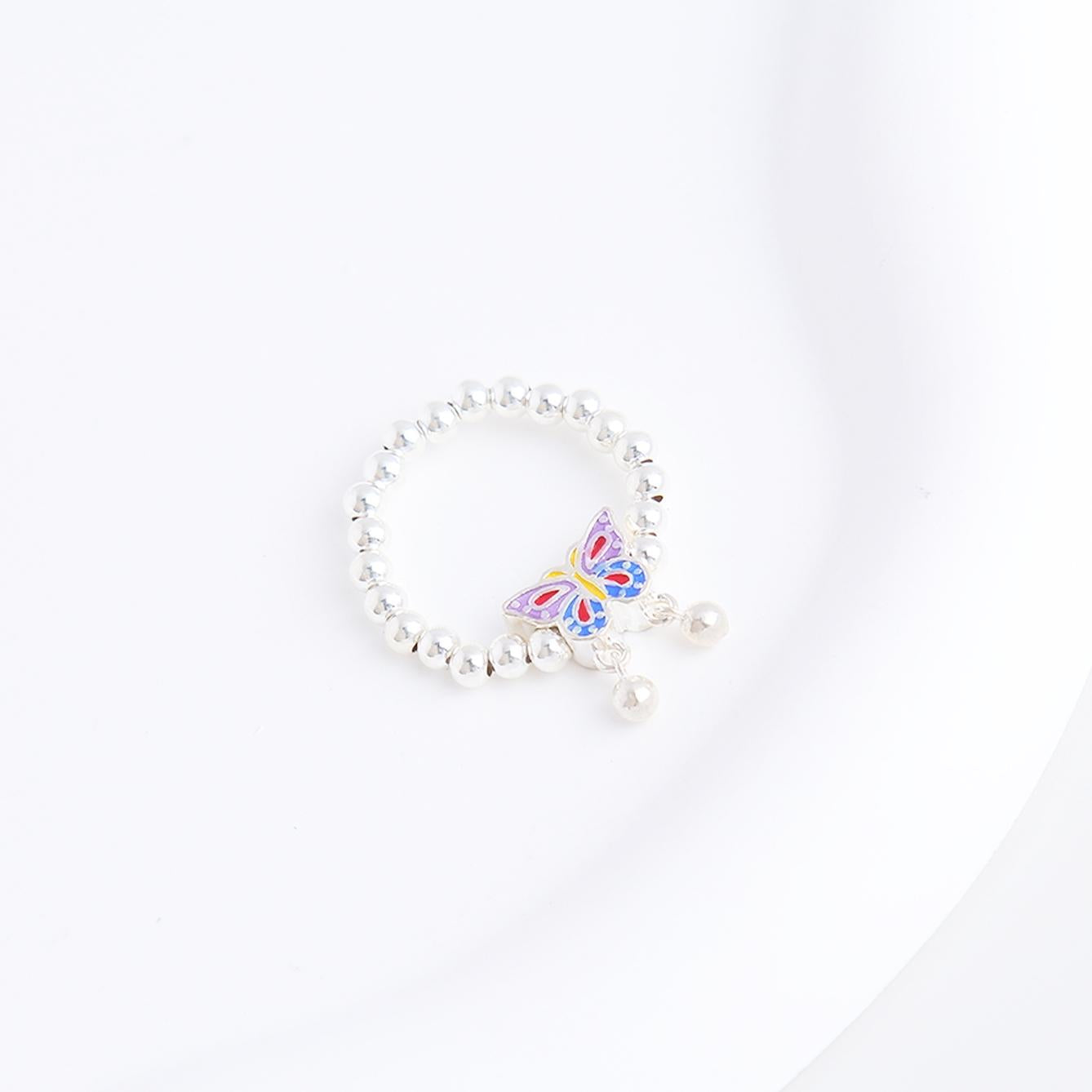 S925 Colorful Butterfly Charm Beaded Ring - Sterling Silver, Exquisite Butterfly Design with Wings Suspend Beads, Vibrant Color Block Style, Perfect Gift for Women and Girls