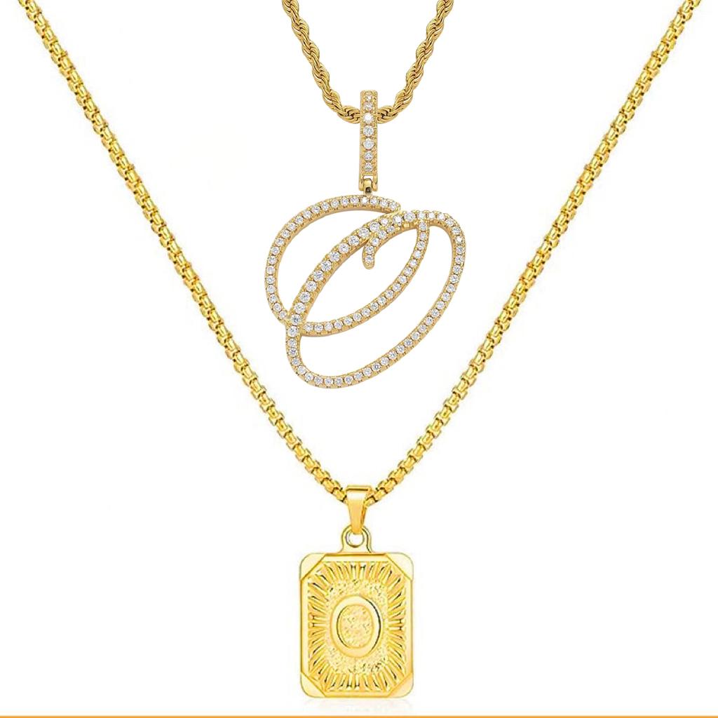 Set of 2 (2 initials necklace include gift), 26 letters necklace, floral alphabet necklace, 20'' Letter Pendant + 24'' Rectangular Tag, buy 1 letter necklace get 1 floral initial necklace free.