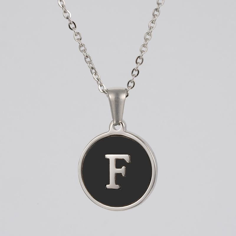 LN010:Stainless Steel Initial Necklace,Letter Detail Round Pendant Necklace For Women and Men