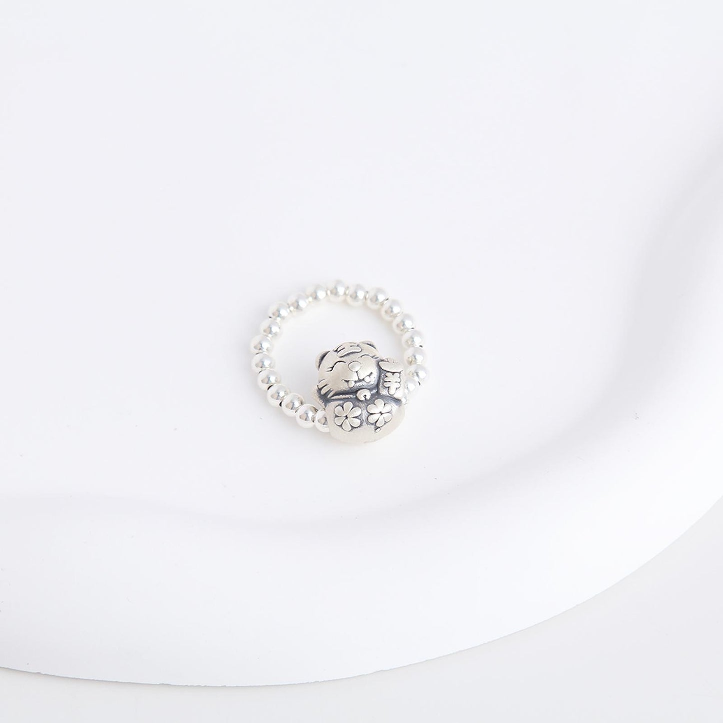 S925 Cute Smiling Tiger Beaded Ring - Sterling Silver, Playful Tiger Design with Beaded Band, Adorable Fashion Accessory for Any Occasion, Perfect Gift for Women, Girls, and Kids