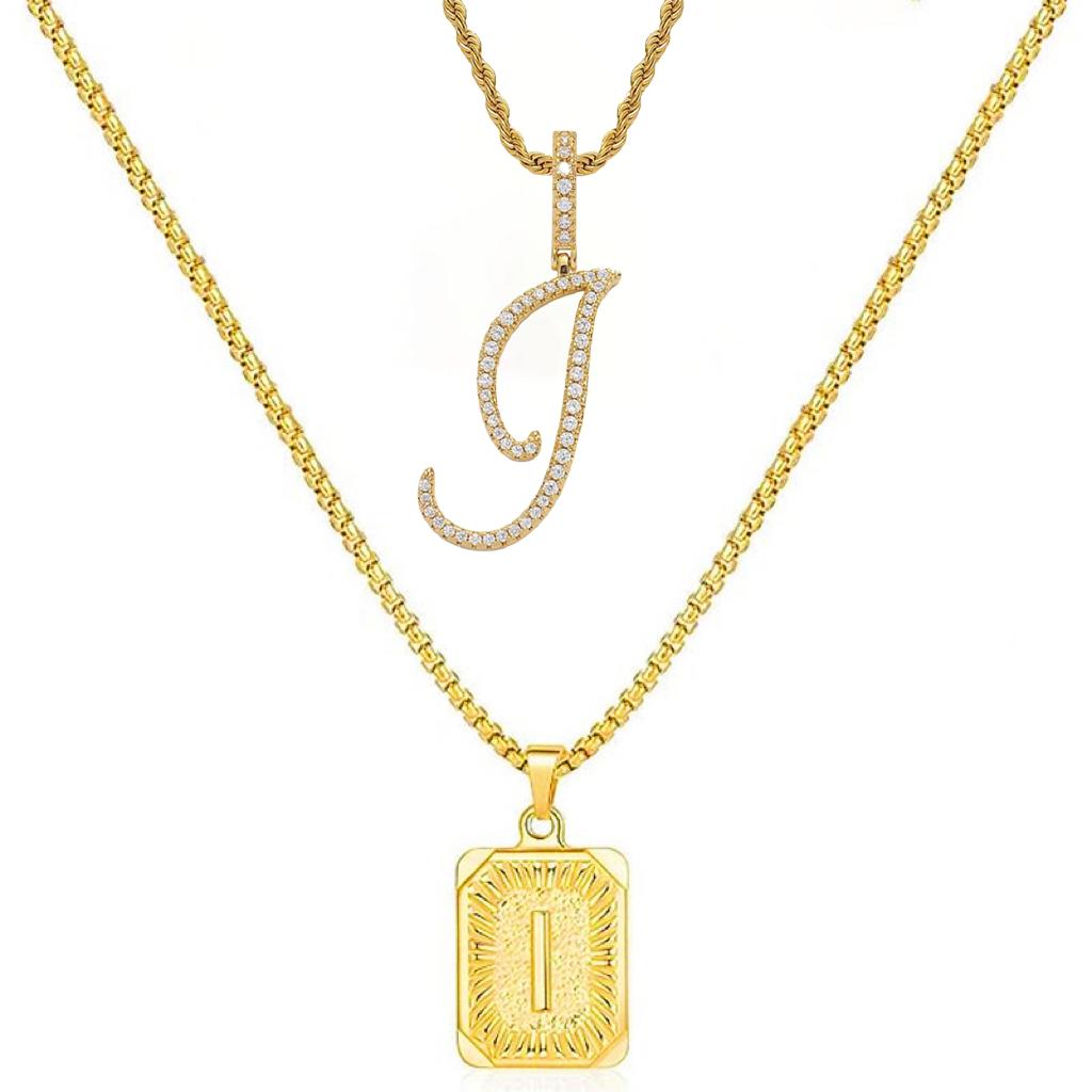 Set of 2 (2 initials necklace include gift), 26 letters necklace, floral alphabet necklace, 20'' Letter Pendant + 24'' Rectangular Tag, buy 1 letter necklace get 1 floral initial necklace free.