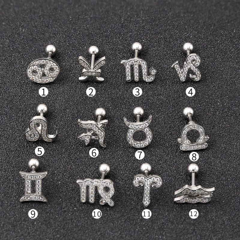 Horoscope Zodiac Sign Cartilage Helix Stud Earrings - 12 Constellation Astrology,Titanium Stainless Steel and Zircon, Little Ear Studs Gift for Women Men & Teens