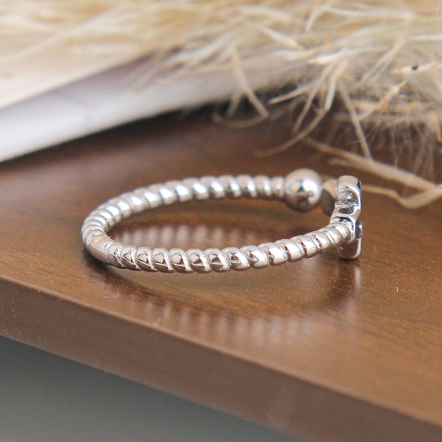 S925 Mini Bead Open Ring - Sterling Silver, Unique Mini Bead Design with Black Cross and Large Bead, Adjustable Stacking Ring, Stylish Faith-Inspired Jewelry for Women