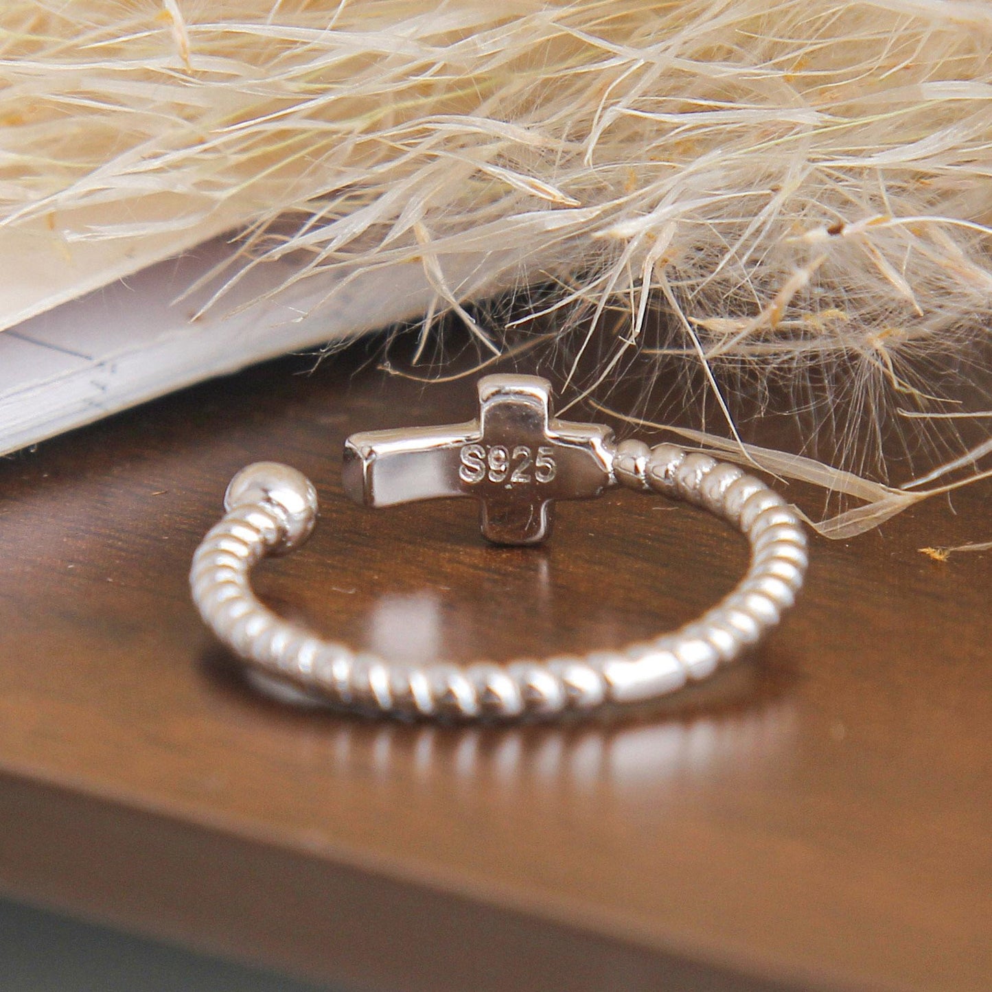 S925 Mini Bead Open Ring - Sterling Silver, Unique Mini Bead Design with Black Cross and Large Bead, Adjustable Stacking Ring, Stylish Faith-Inspired Jewelry for Women