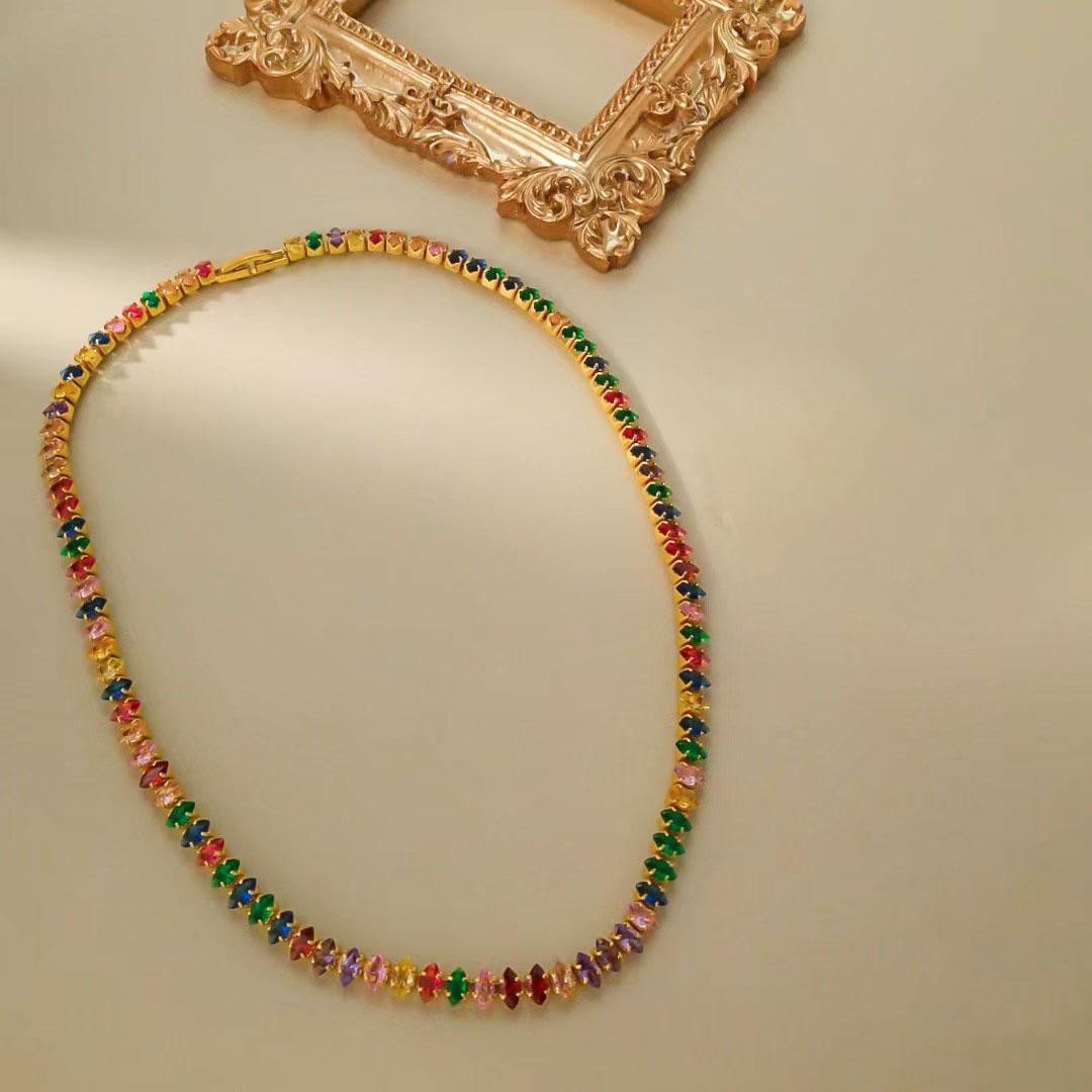 Vibrant Rainbow Tennis Necklace with Multi-Color Zircon, Stainless Steel, Stylish Tennis cable necklace for Women, Zirconia Jewelry