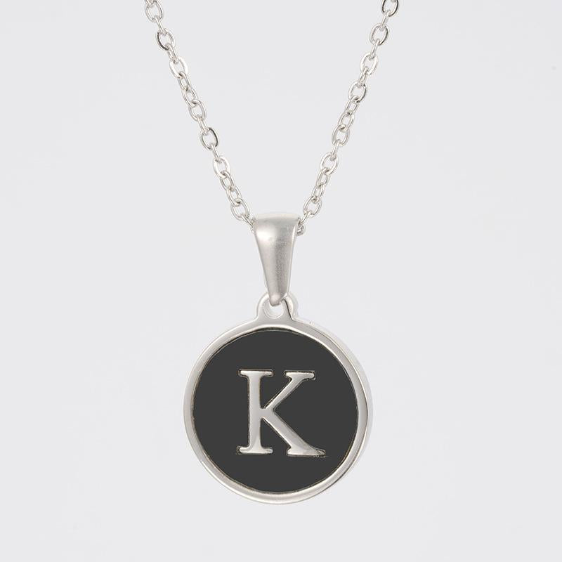LN010:Stainless Steel Initial Necklace,Letter Detail Round Pendant Necklace For Women and Men