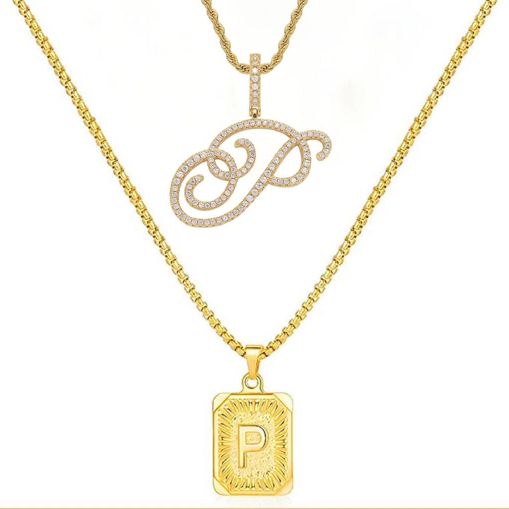 Set of 2 (2 initials necklace include gift), 26 letters necklace, floral alphabet necklace, 20'' Letter Pendant + 24'' Rectangular Tag, buy 1 letter necklace get 1 floral initial necklace free.