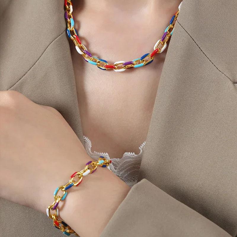 HN080:Hip-Hop Style Necklace,Rainbow Enamel Chain Necklace & Bracelet For Women And Men