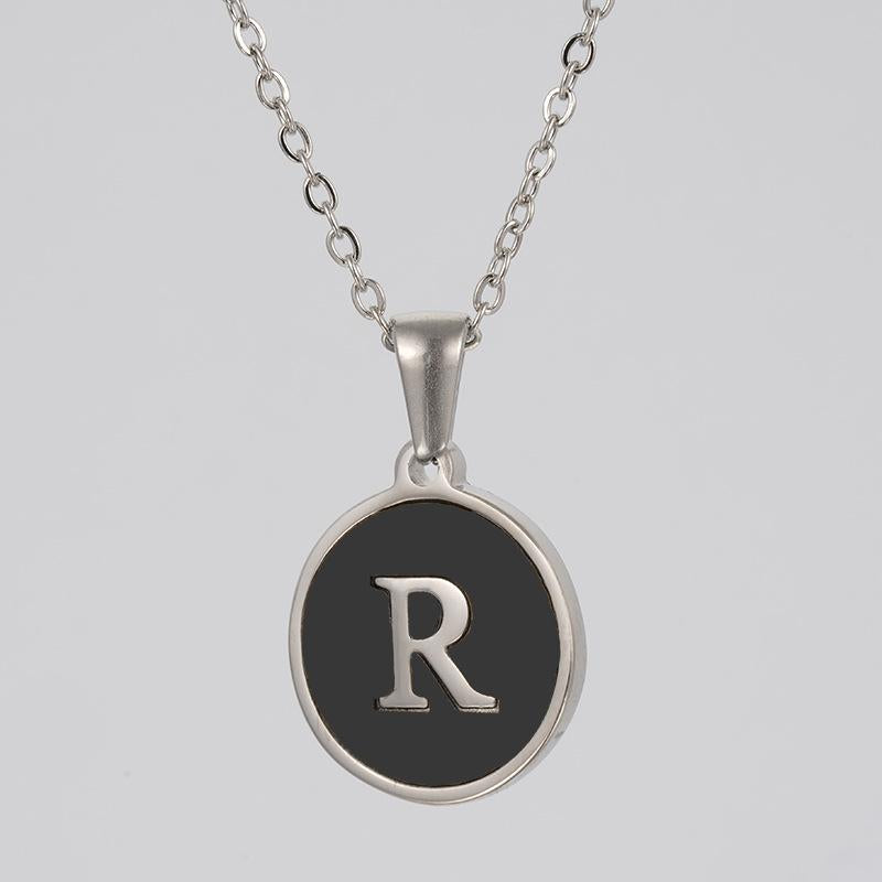 LN010:Stainless Steel Initial Necklace,Letter Detail Round Pendant Necklace For Women and Men
