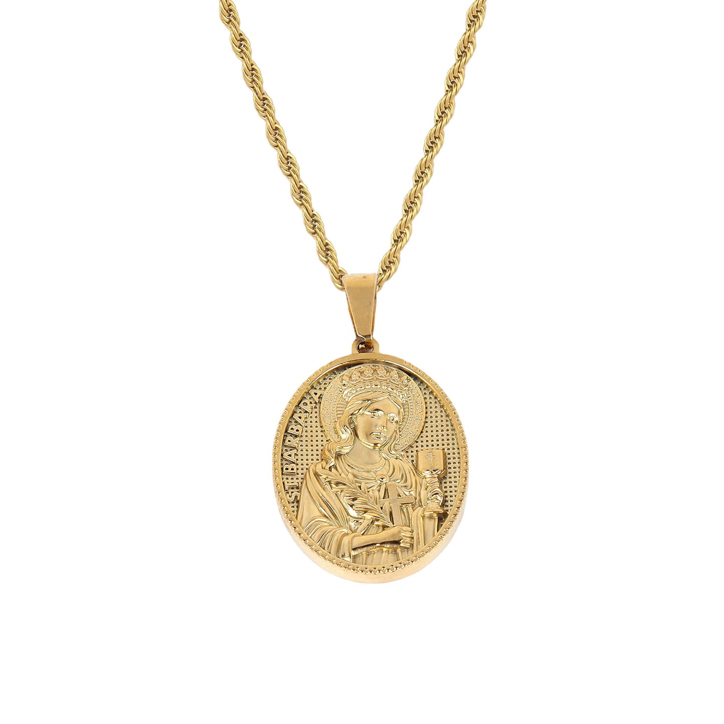 Saint Barbara Medallion Necklace – Elegant Stainless Steel Pendant with Detailed Religious pictures, 24" Chain, Perfect Gift for Faith and Protection