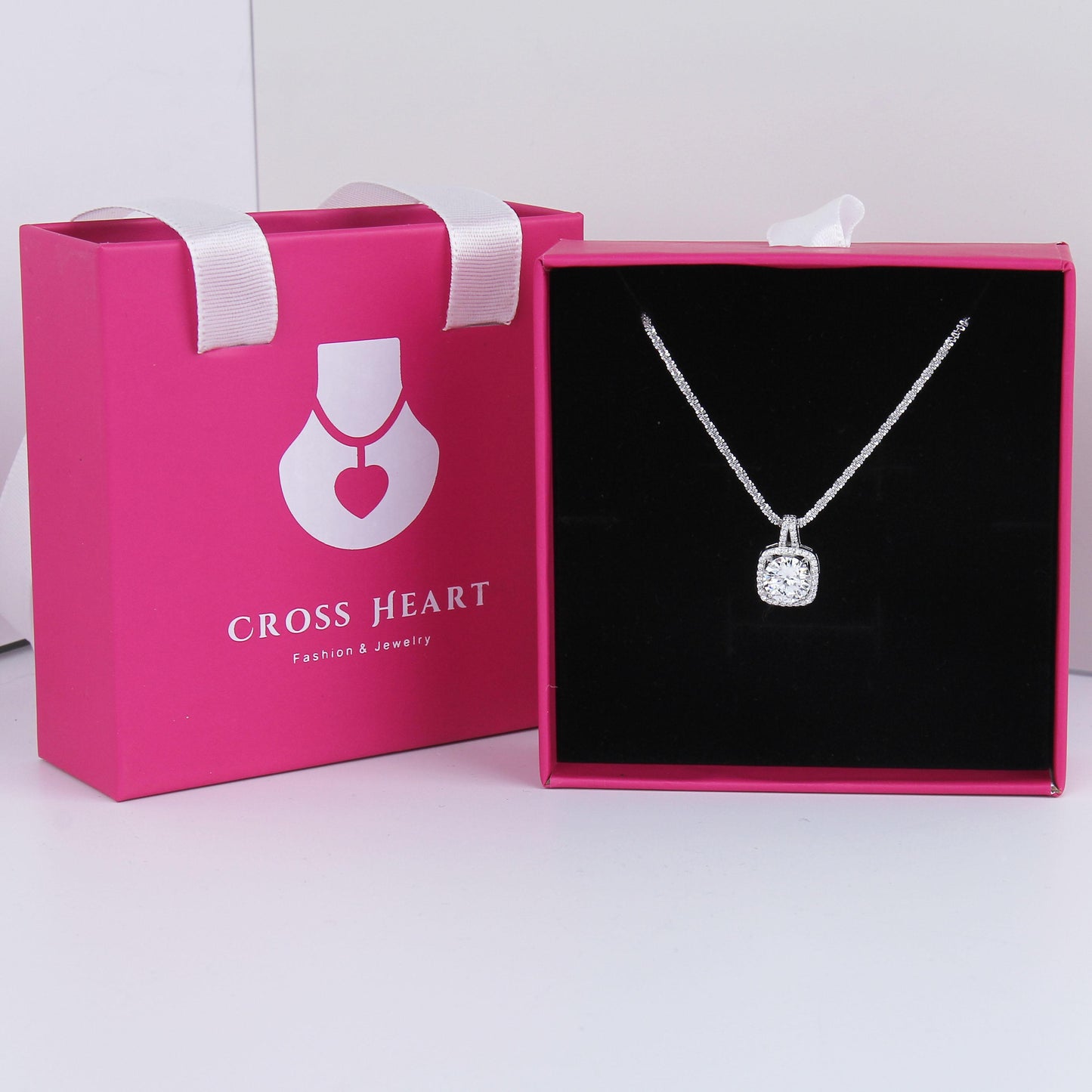 S925 Sterling Silver Necklace with Synthetic Moissanite Pendant – Classic Cushion- cut Stone with A Halo Design ,2 Carat Stone, Hypoallergenic, Dainty Gift for Women, Gift Box Included
